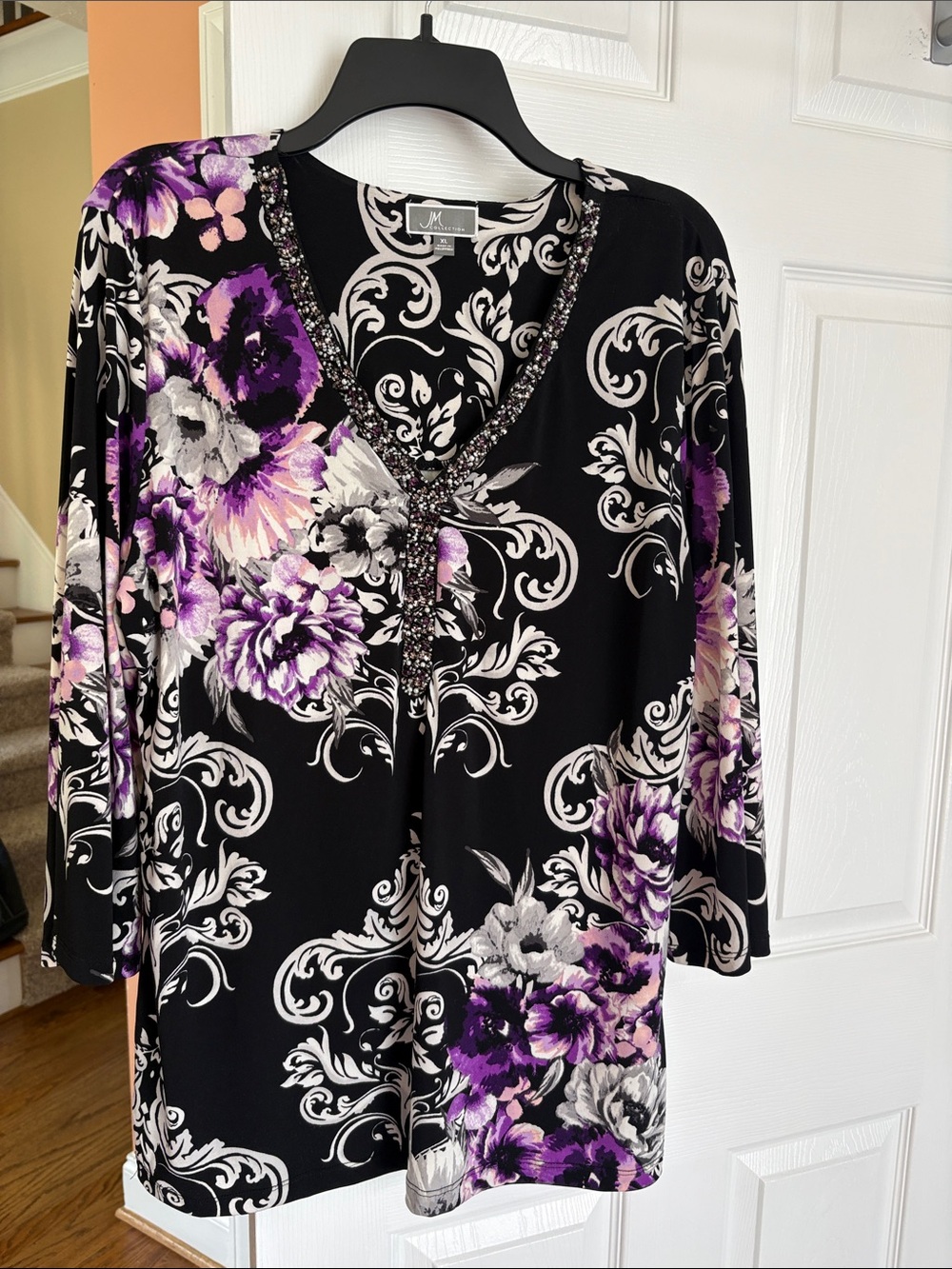 JM Collection Black Floral V-Neck Beaded Tunic with Purple Accents